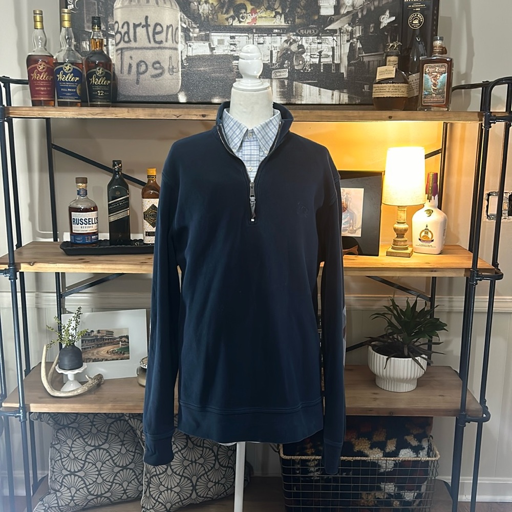 BURBERRY BRIT 1/4 Zip Pullover Sweater Cotton Navy Sz L W/ Elbow Patches